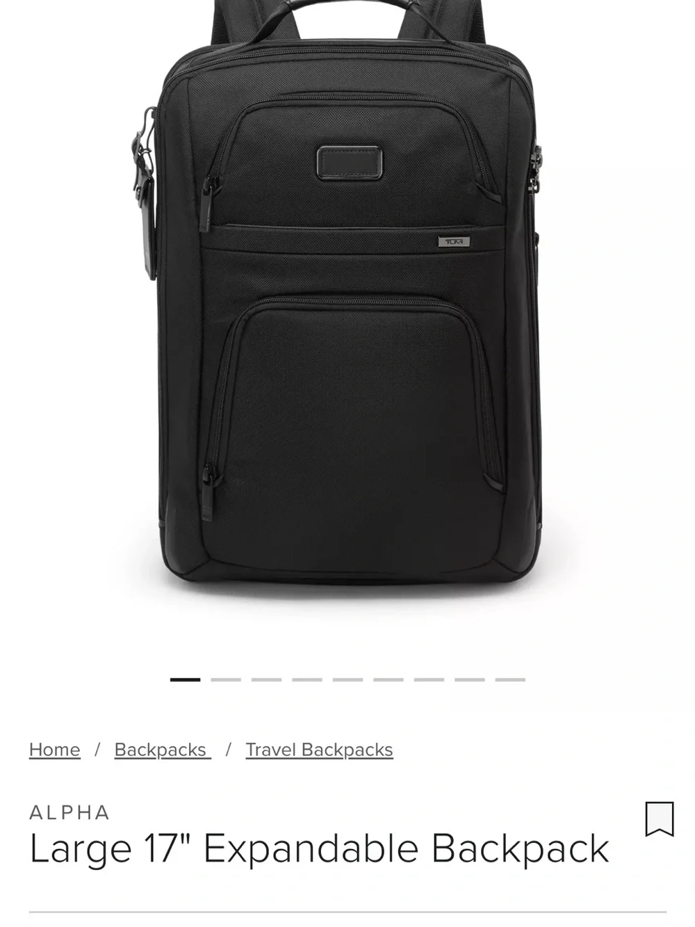 Tumi Black Ballistic Nylon Expandable Backpack with Leather Trim